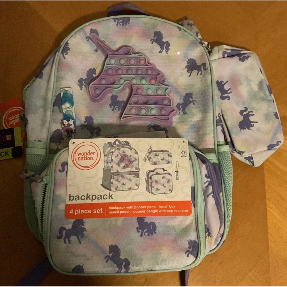 Wonder Nation 4 Pc 17 in Unicorn Pop It Back Pack, Lunch Box, Pencil Pouch, NWT
